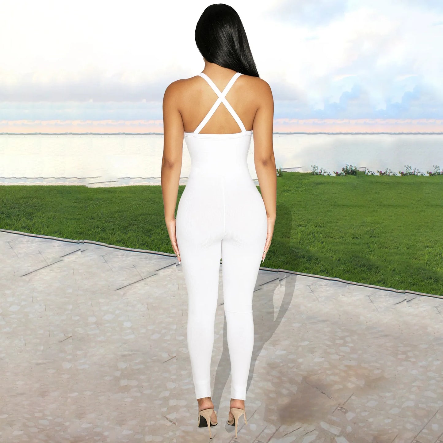 Sleeveless V Neck Criss Cross Back Jumpsuit For Women