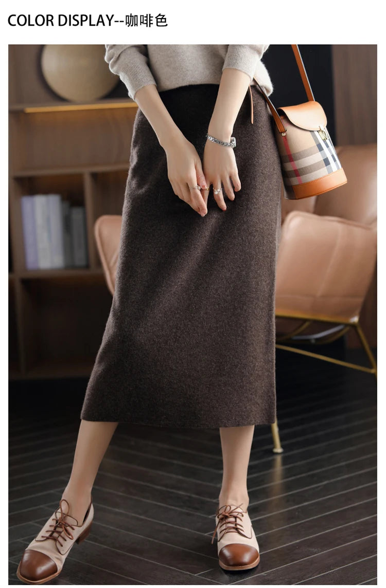 Pure Wool High Waist Knit A-Line Midi Skirt for Women