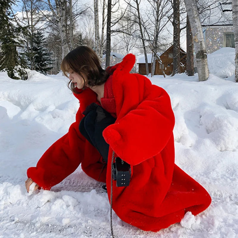 Soft Warm Fluffy Oversized Red Raglan Long Faux Fur Coat for Women