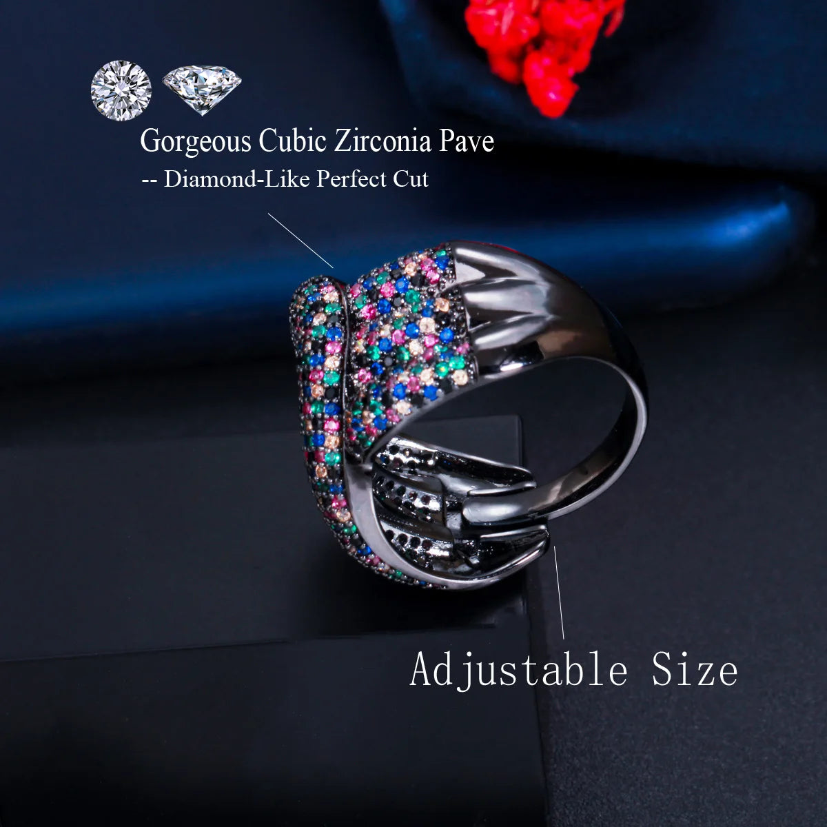 Adjustable Multicolor Cubic Zirconia Snake Ring for Women