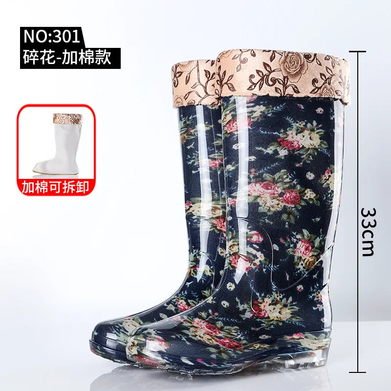 Warm Floral Platform Rain Boots