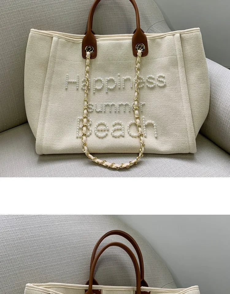 New Women Tote Bag Fashion Canvas Large Handbag Chains Genuine Leather Shoulder Bags Ladies Big Messenger Bag Shopping Bag