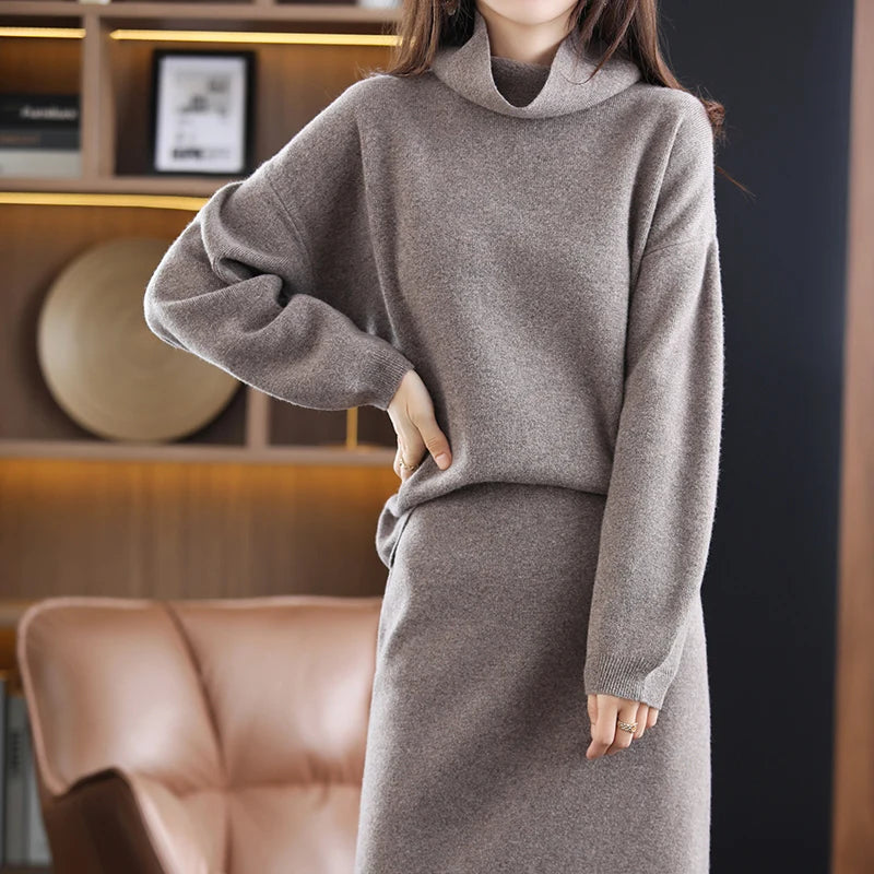 Wool Cashmere Knit Sweater and Skirt Two Piece Set for Women