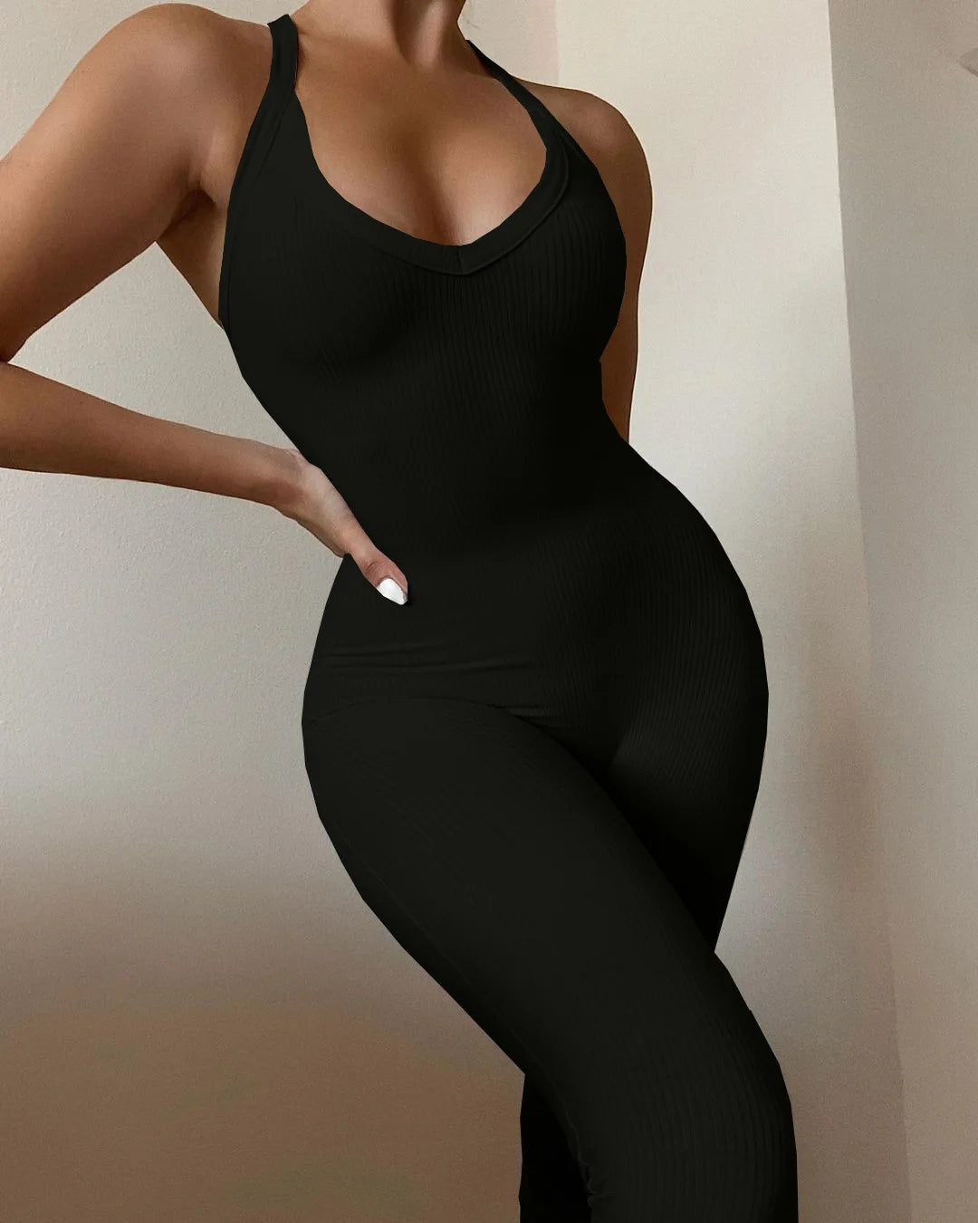 Sleeveless V Neck Criss Cross Back Jumpsuit For Women
