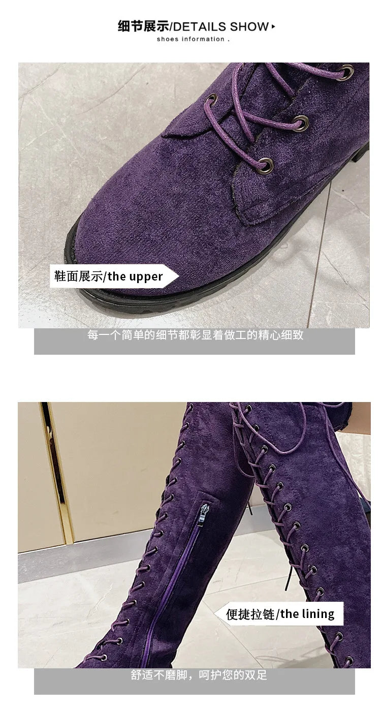 Lace Up Low Heel Winter Over The Knee Boots for Women