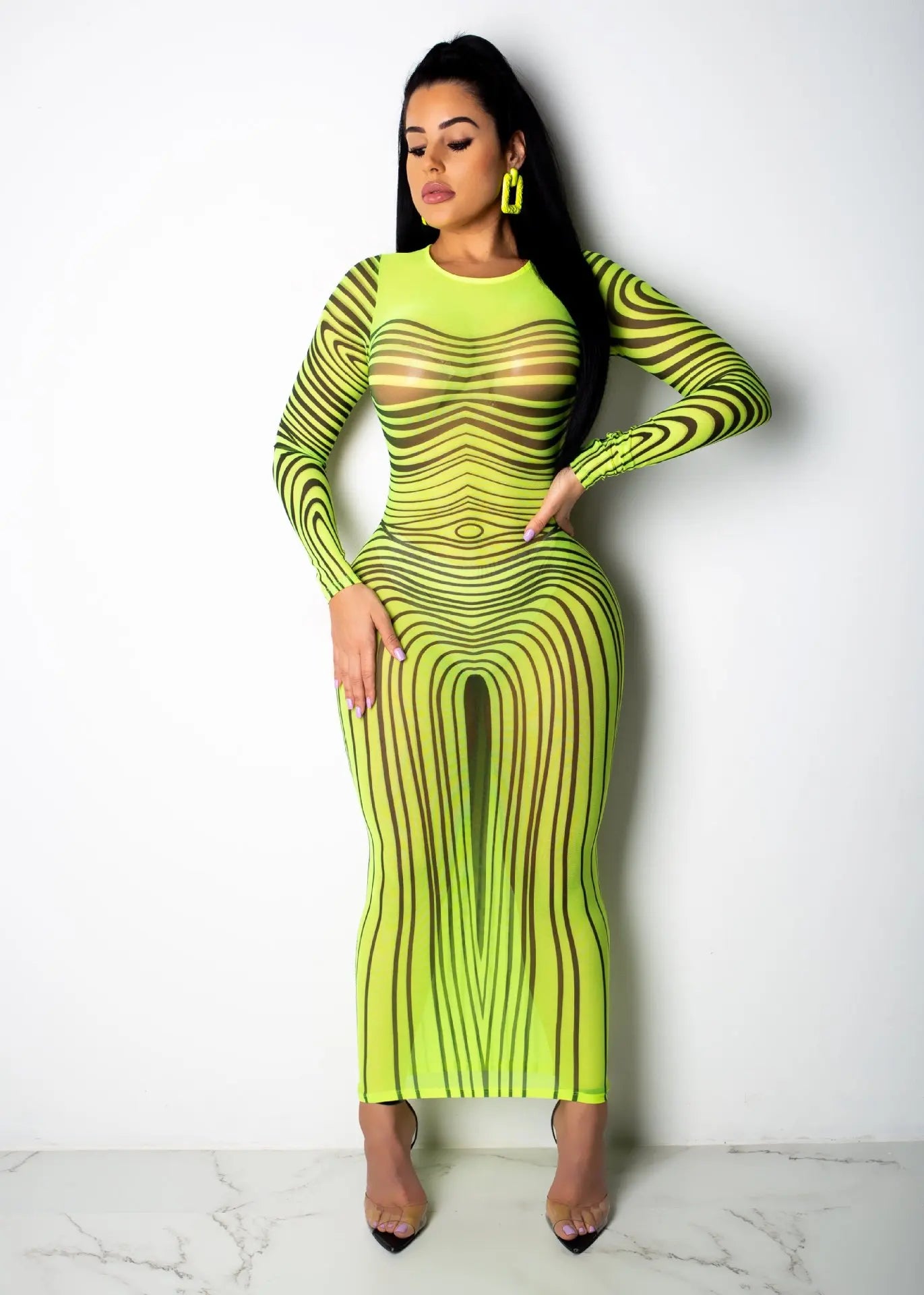 Long Sleeve Mesh Maxi Dress with Stripe Print for Women