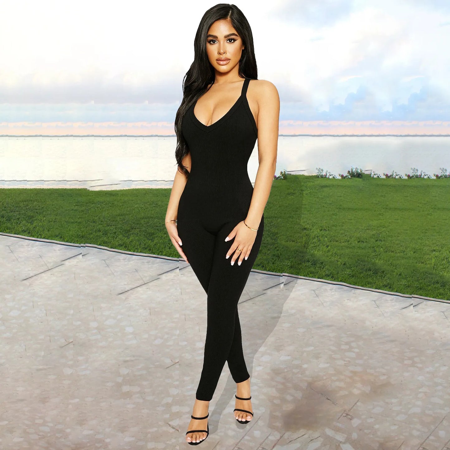 Sleeveless V Neck Criss Cross Back Jumpsuit For Women