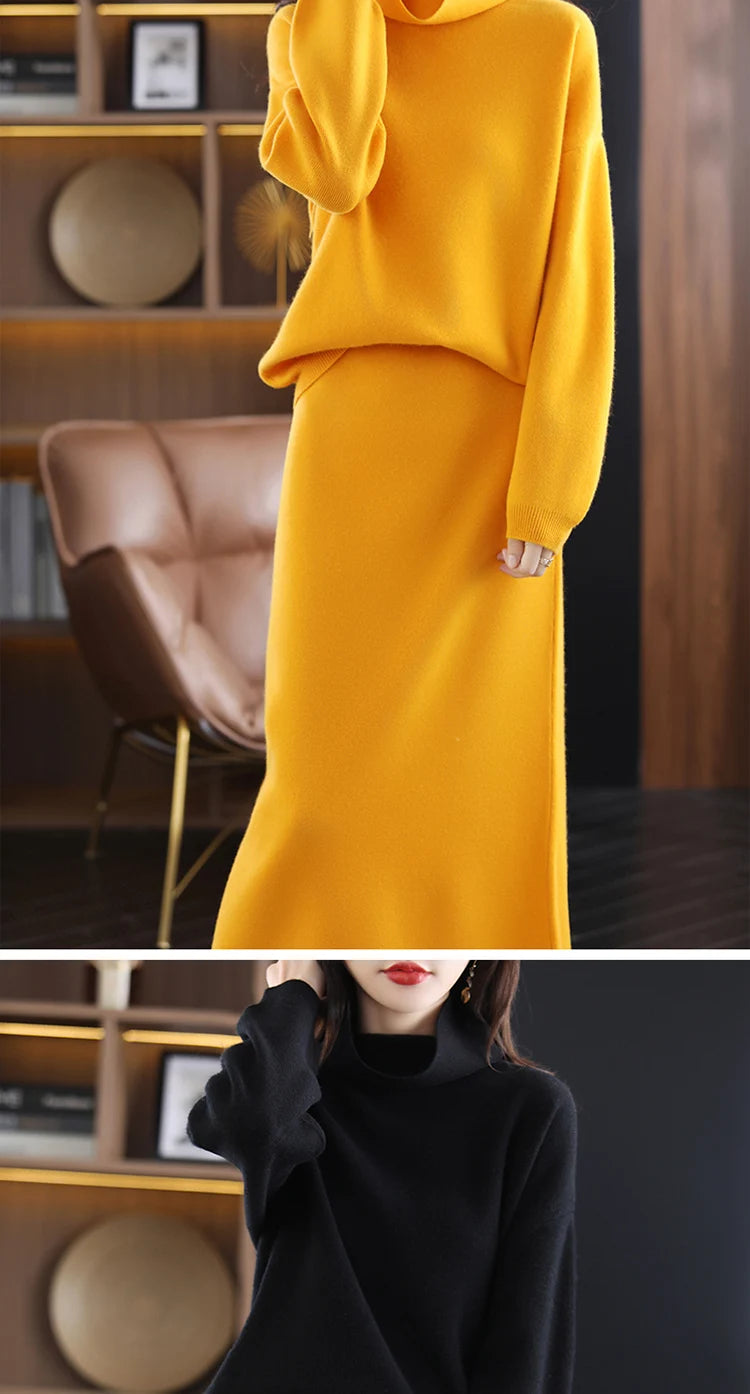 Wool Cashmere Knit Sweater and Skirt Two Piece Set for Women