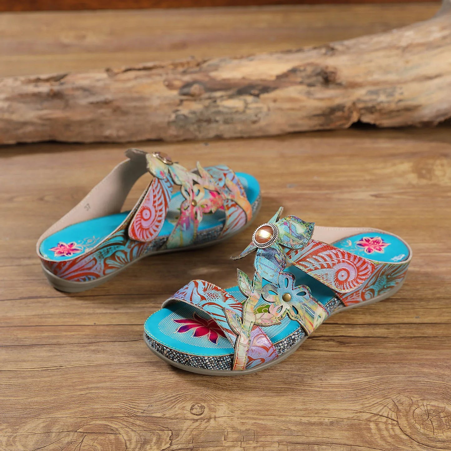 Hand Painted Genuine Leather Outdoor Summer Slides for Women