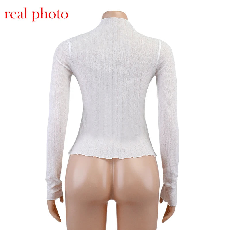 Cryptographic 2025 Fall Elegant See Through Long Sleeve Mock Neck Women Tops Fashion Streetwear Sexy T-Shirts Tees Slim Clothes