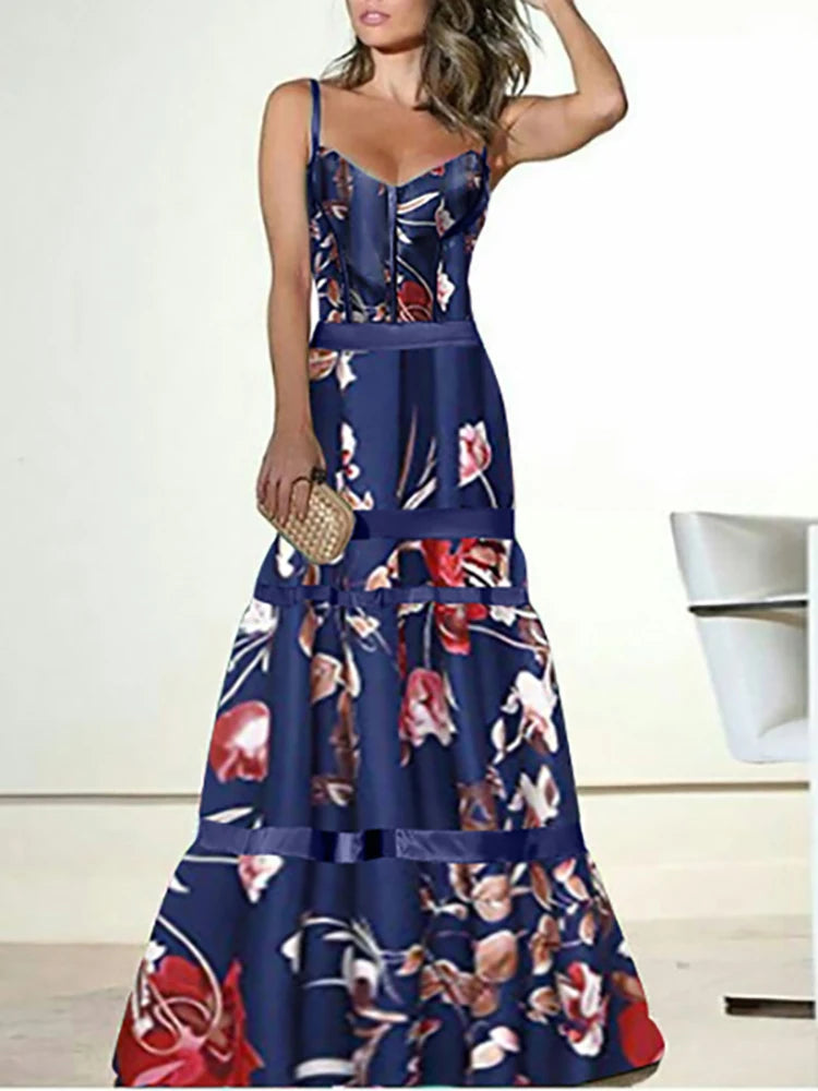 New Dresses Summer For Women 2022 Sleeveless Long Party Dress Printed Sexy Deep V-Neck Patchwork Ladies Sling Dress Dropshipping
