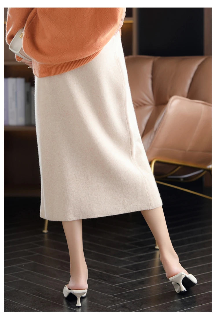 Pure Wool High Waist Knit A-Line Midi Skirt for Women