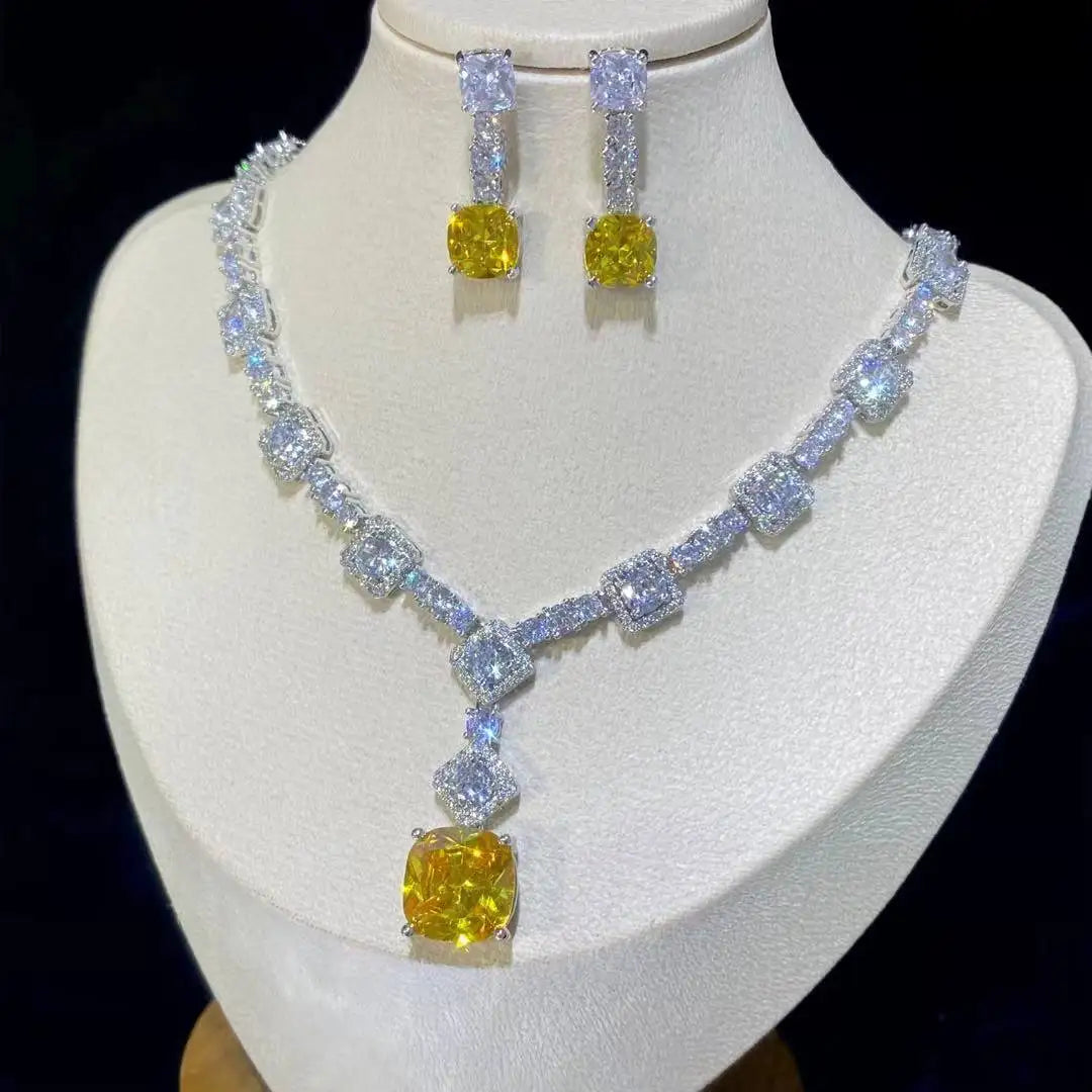 Square Rhinestone Bright Yellow Green Drop Earring Necklace Set For Women