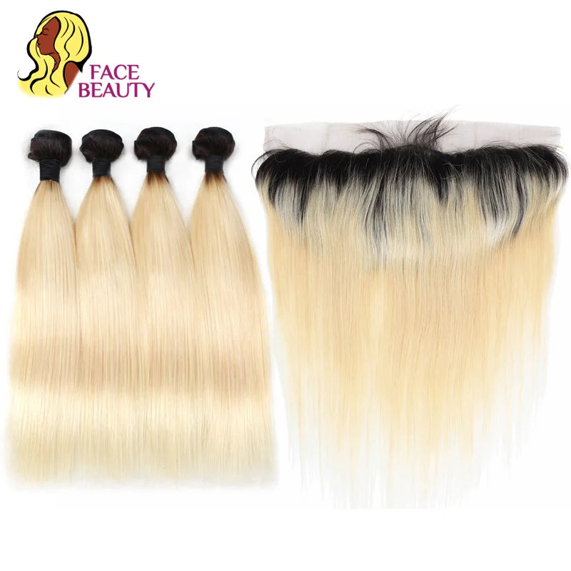 Dark Root Blonde Ombre Straight Hair Bundles With Lace Frontal For Women