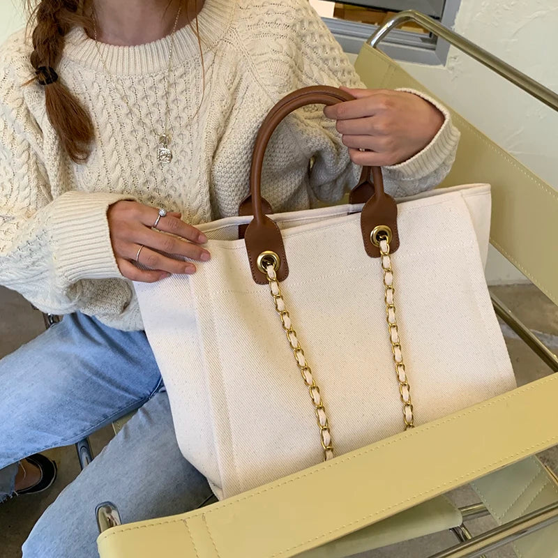 New Women Tote Bag Fashion Canvas Large Handbag Chains Genuine Leather Shoulder Bags Ladies Big Messenger Bag Shopping Bag