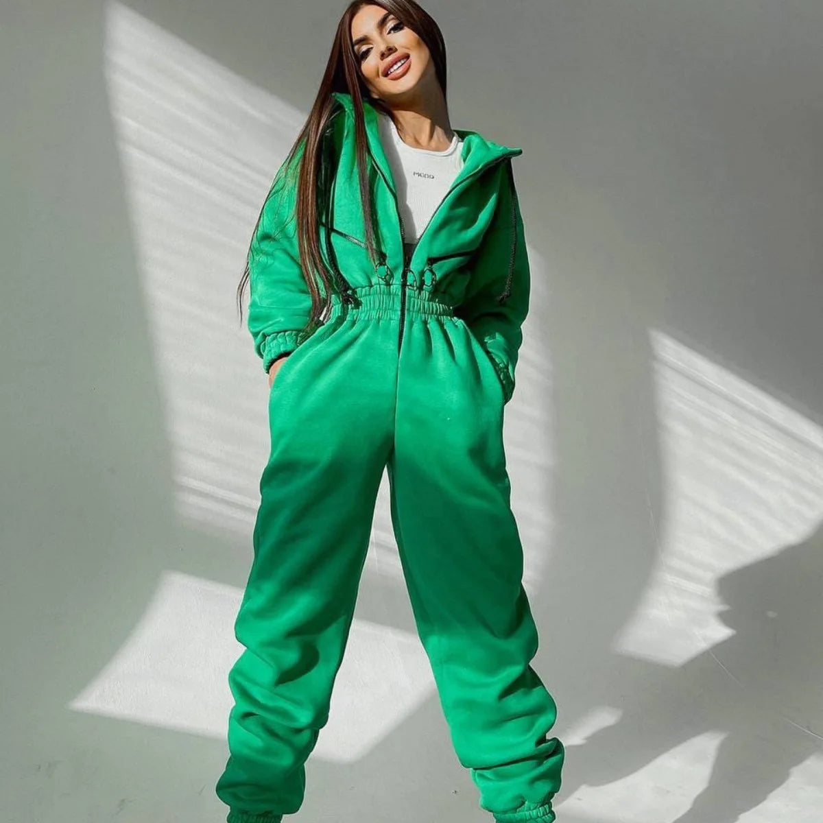 Casual Long Sleeve Hooded Jumpsuit With Pockets for Women