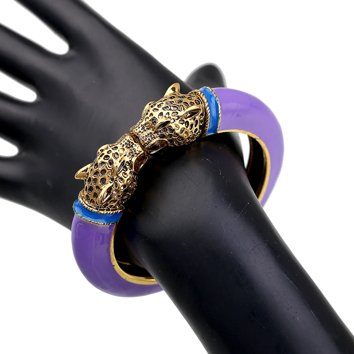 Double Leopard Head Enamel Cuff Bracelet for Women