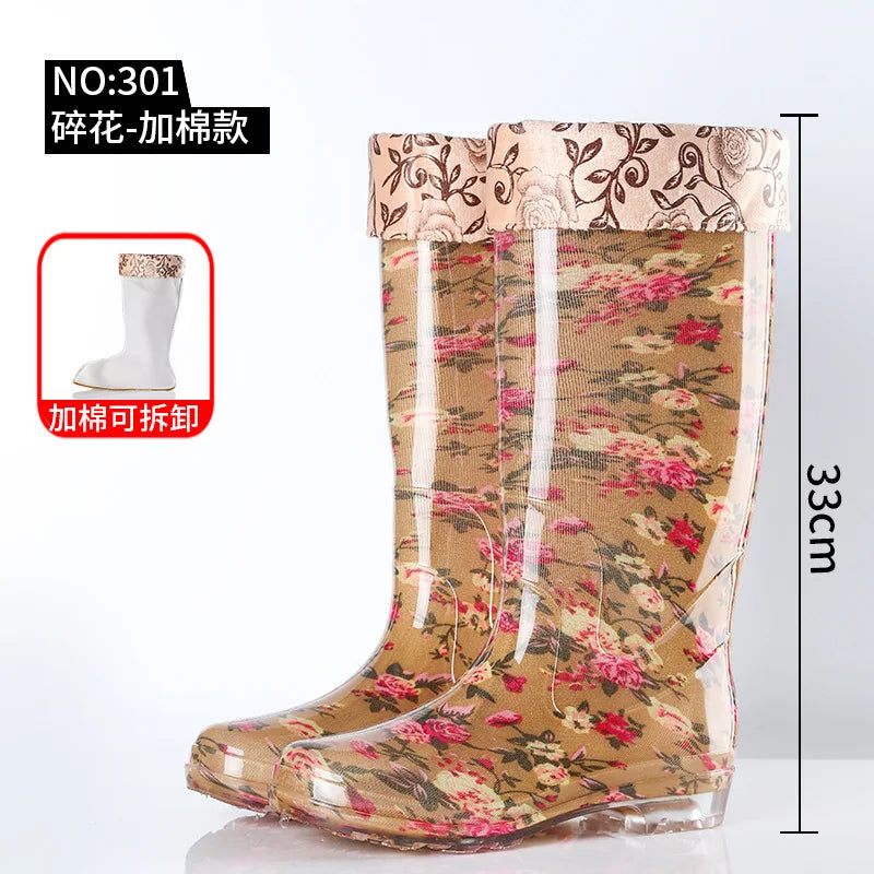 Warm Floral Platform Rain Boots
