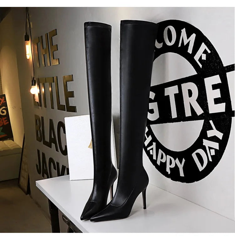 Black Leather Stiletto Over The Knee Boots for Women