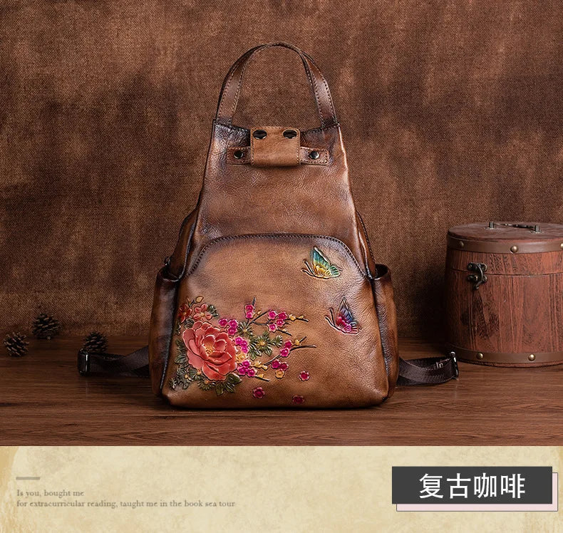 Genuine Leather Embossed Vintage Shoulder Bag for Women