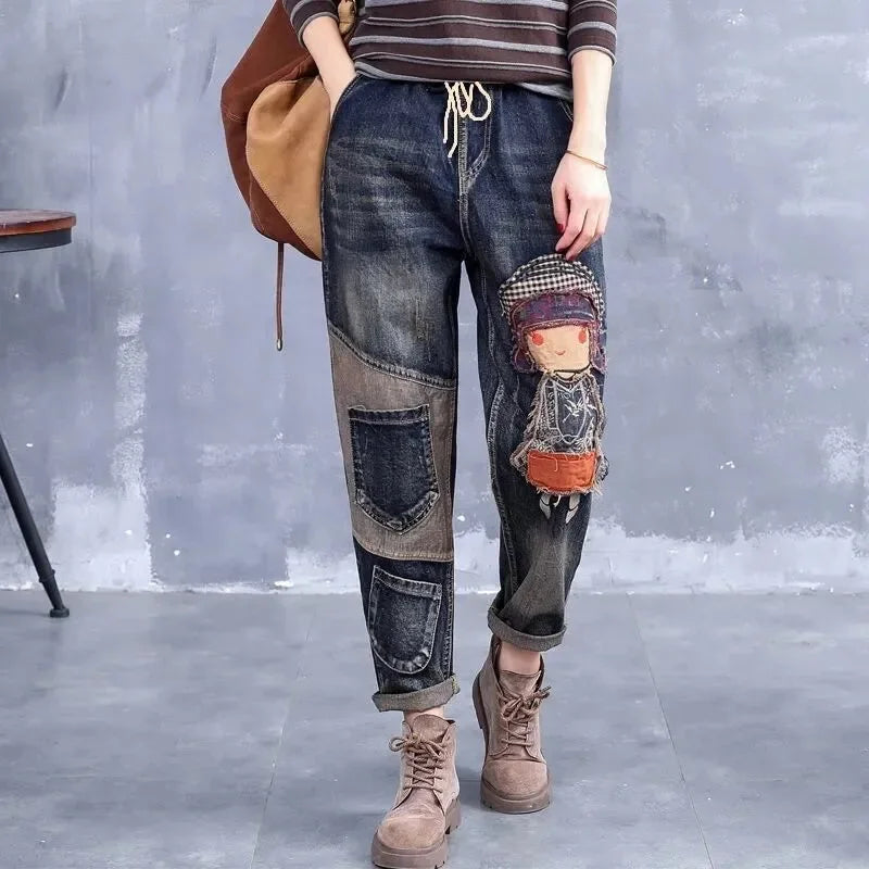 Jeans Woman High Waist Spring Summer Retro Embroidery Denim Trousers Ladies Elastic Waist Harem Pants Loose Jean Femme Pant 124