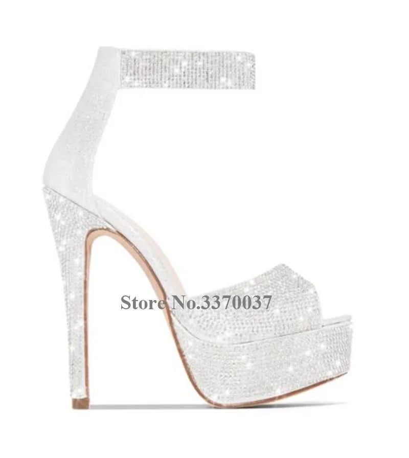 Crystal Rhinestone Peep Toe Platform Stiletto Pumps For Women