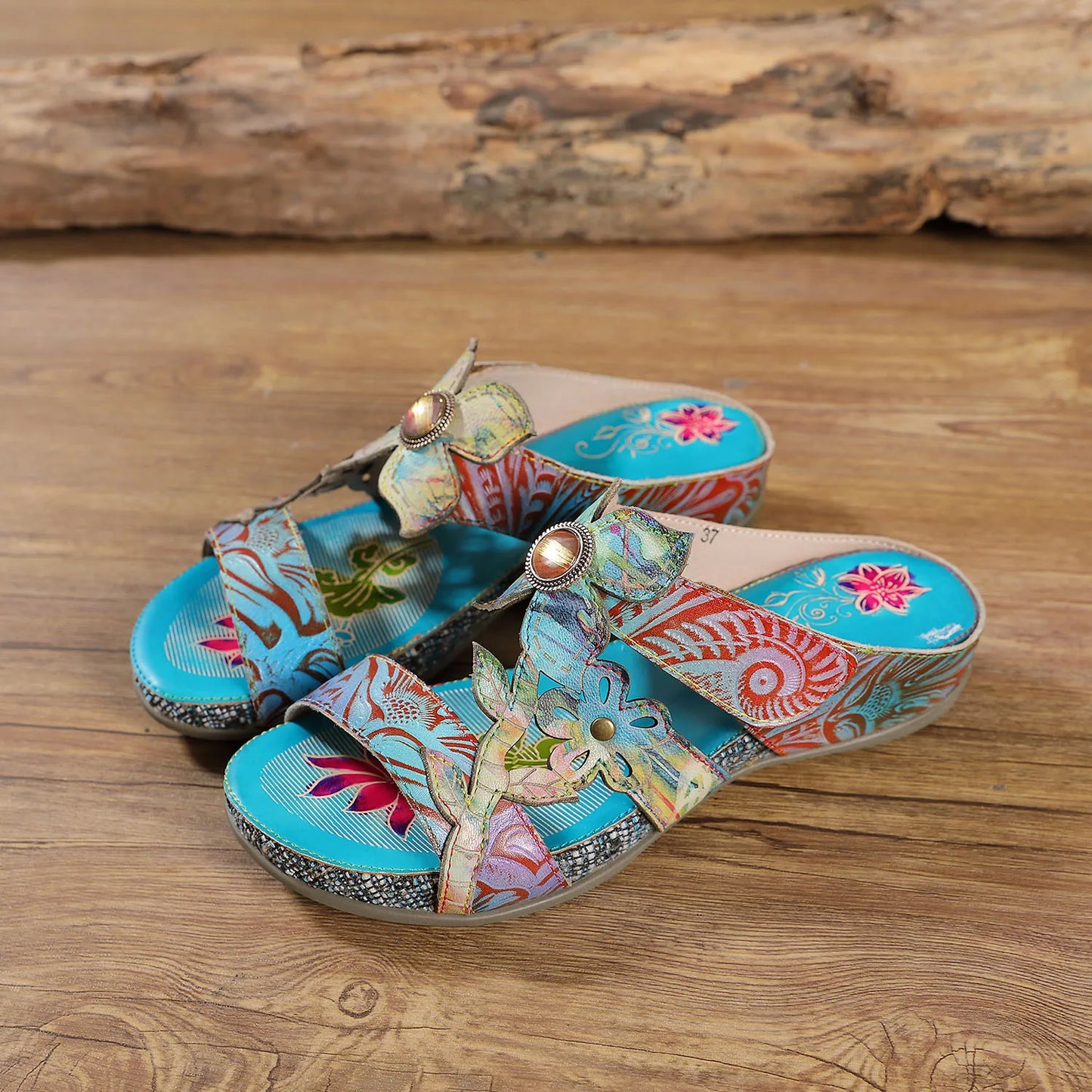 Hand Painted Genuine Leather Outdoor Summer Slides for Women