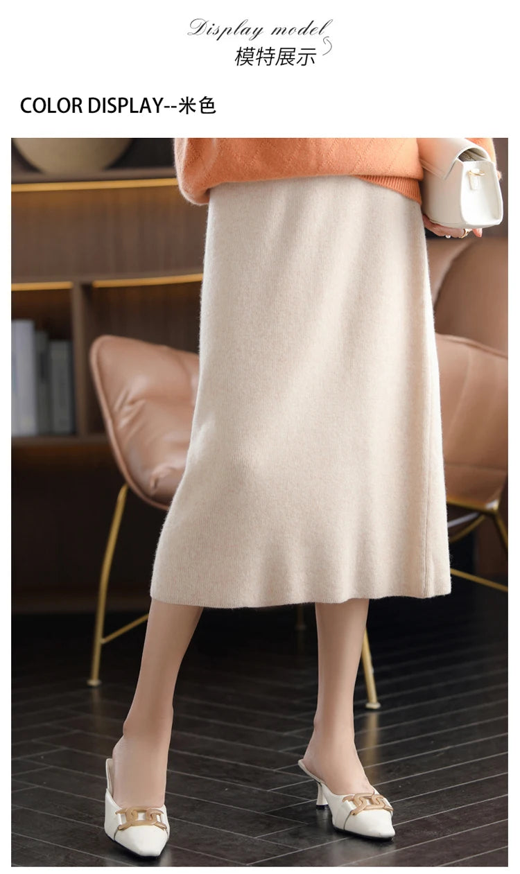 Pure Wool High Waist Knit A-Line Midi Skirt for Women