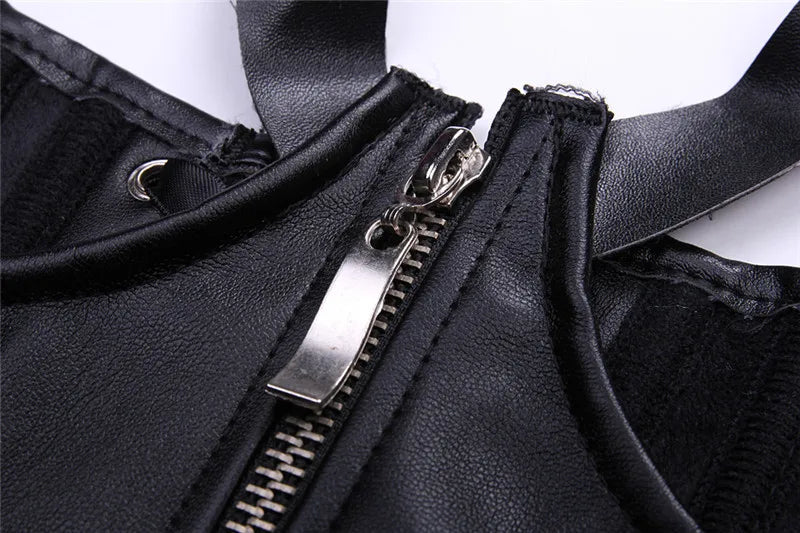 Gothic Halter Underbust Steampunk Black Faux Leather Corset for Women