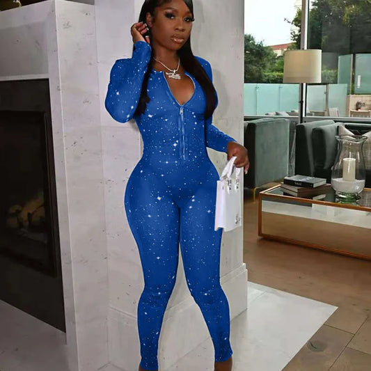 Galaxy Print Mesh Sheer Jumpsuit Women Overalls Front Zipper V-neck Bodycon Rompers Sexy Midnight Clubwear One Piece Outfits