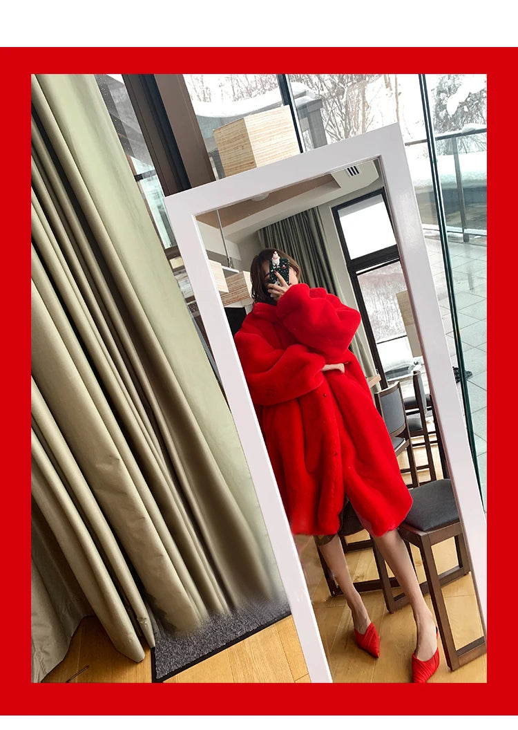 Soft Warm Fluffy Oversized Red Raglan Long Faux Fur Coat for Women
