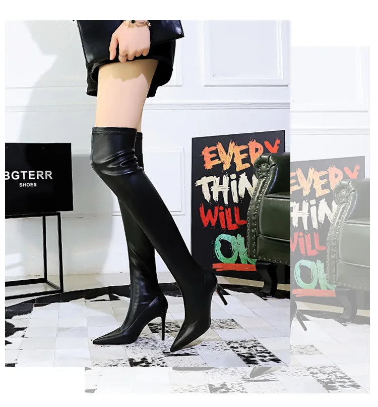 Black Leather Stiletto Over The Knee Boots for Women