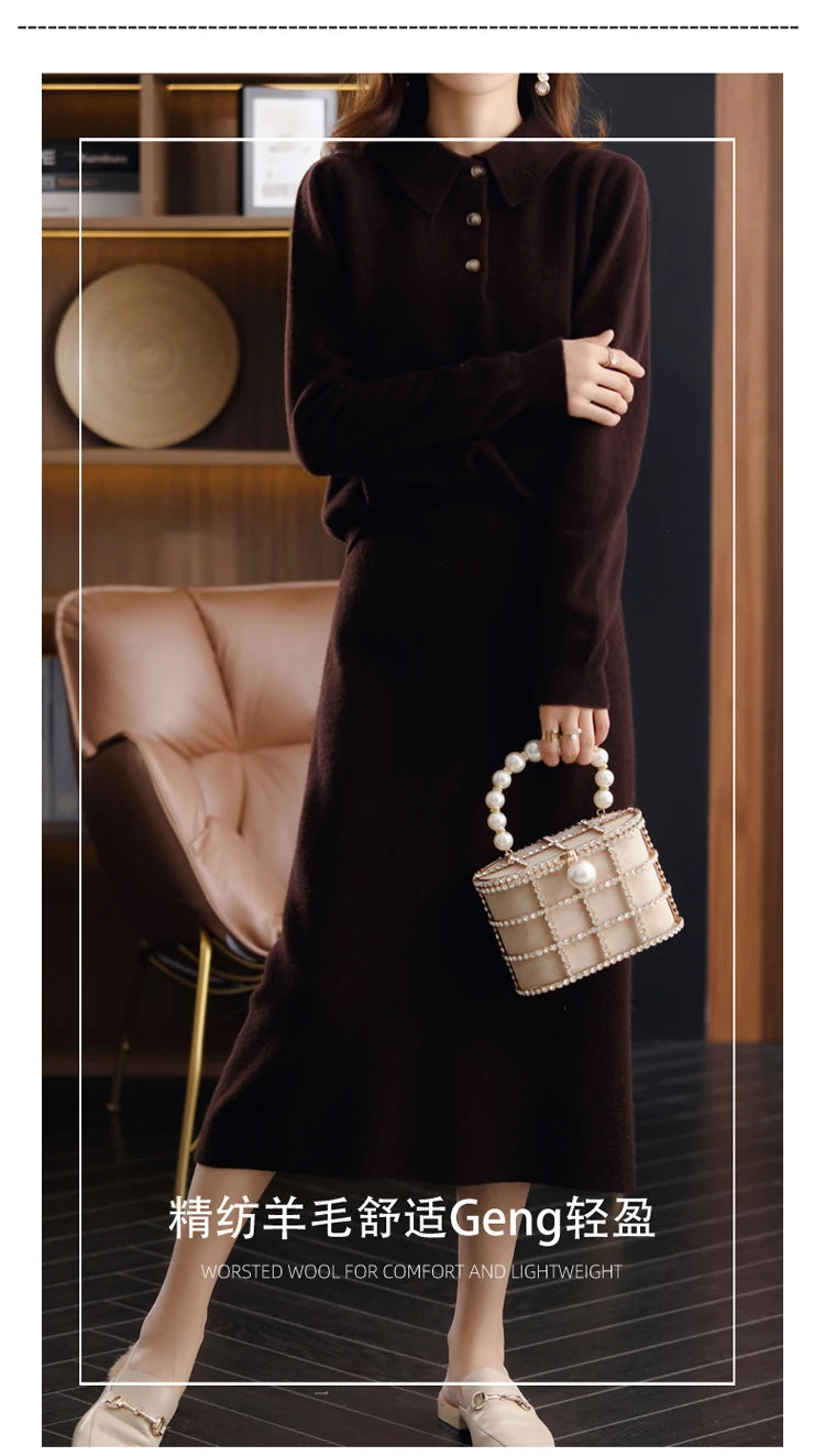 Pure Wool High Waist Knit A-Line Midi Skirt for Women