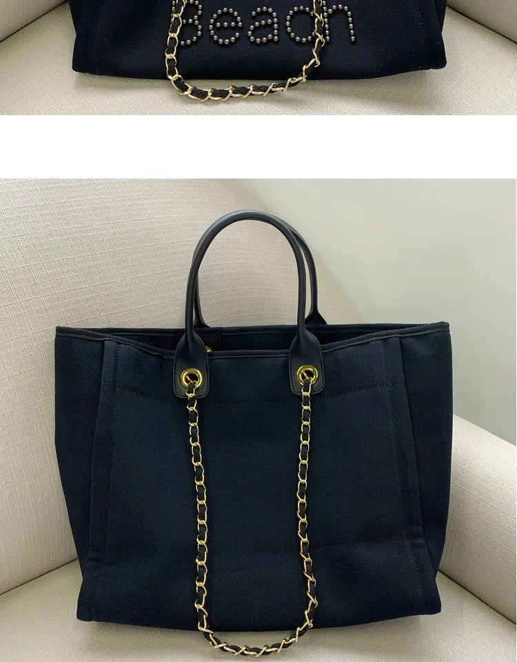 New Women Tote Bag Fashion Canvas Large Handbag Chains Genuine Leather Shoulder Bags Ladies Big Messenger Bag Shopping Bag