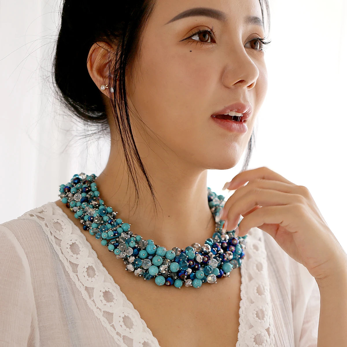 Double Layer Turquoise Bead Statement Necklace for Women