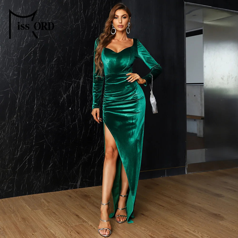 Missord Wine Velvet Party Dress Women Long Sleeve U Neck Thigh Split Prom Evening Dresses Elegant Winter Christmas Gown