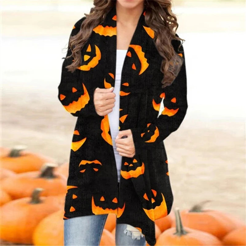 Skull Pumpkin Print Open Front Long Cardigan for Women