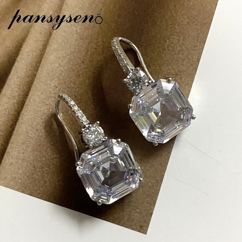 PANSYSEN 925 Sterling Silver Asscher Cut Simulated Moissanite Citrine Gemstone Drop Earrings for Women Wedding Fine Jewelry Gift