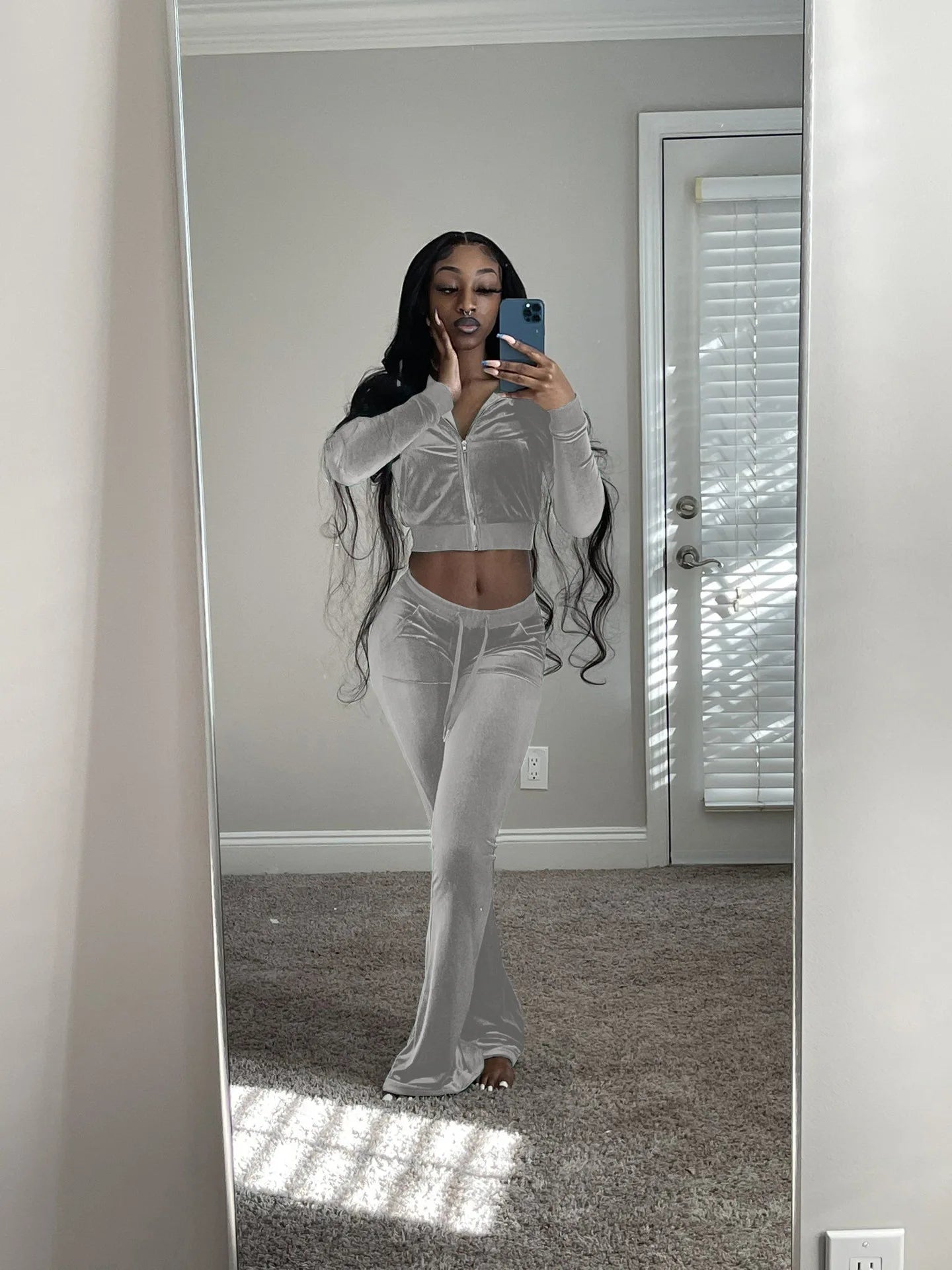 Zippered Turtleneck Velour Two Piece Wide Leg Set for Women