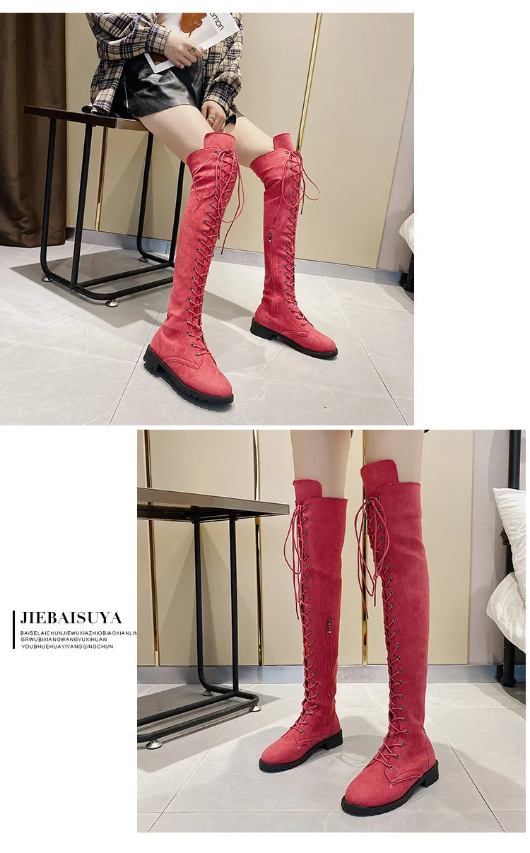 Lace Up Low Heel Winter Over The Knee Boots for Women