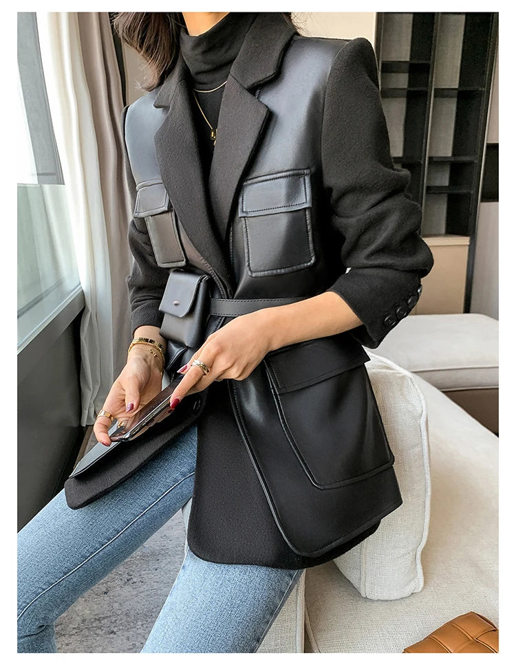 Black Patchwork Faux Leather Jacket With Pockets For Women
