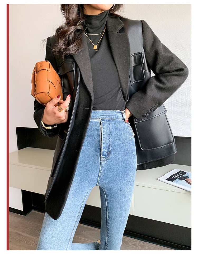 Black Patchwork Faux Leather Jacket With Pockets For Women