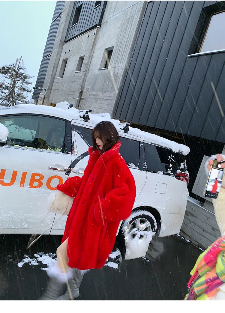 Soft Warm Fluffy Oversized Red Raglan Long Faux Fur Coat for Women