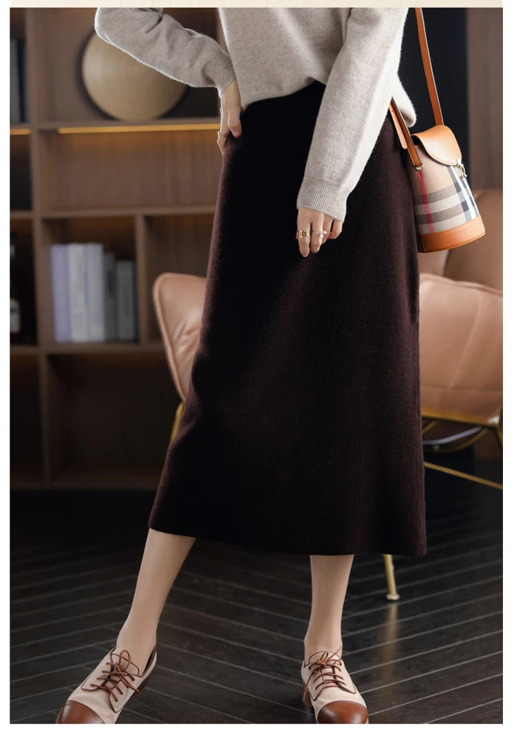 Pure Wool High Waist Knit A-Line Midi Skirt for Women
