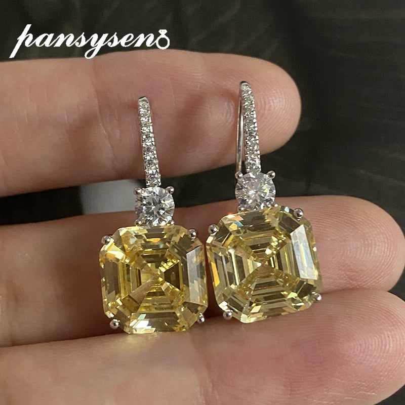 PANSYSEN 925 Sterling Silver Asscher Cut Simulated Moissanite Citrine Gemstone Drop Earrings for Women Wedding Fine Jewelry Gift