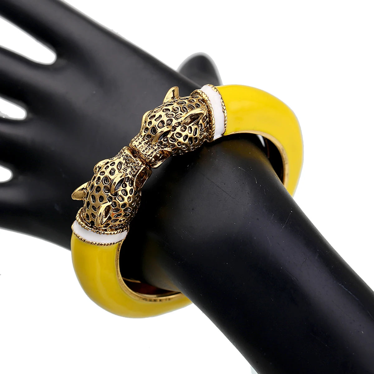 Double Leopard Head Enamel Cuff Bracelet for Women