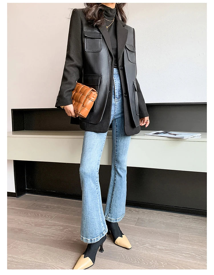 Black Patchwork Faux Leather Jacket With Pockets For Women