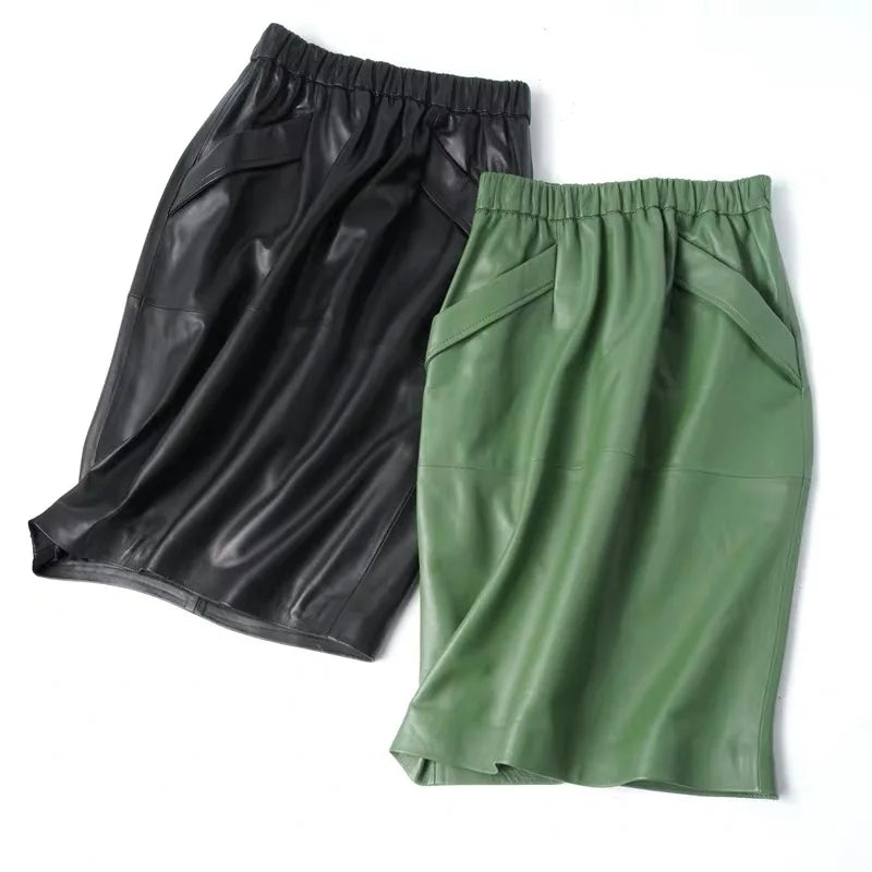 Leather Skirt Women With Pockets Midi Skirts Womens 2025 New Genuine Black And Green Sheepskin Leather Pencil Skirt Hgh Waist