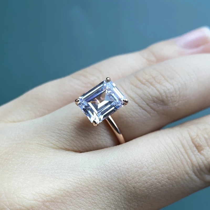 PANSYSEN White/Yellow/Rose Gold Color Luxury 8x10MM Emerald Cut AAA Zircon Rings for Women 100% 925 Sterling Silver Fine Jewelry