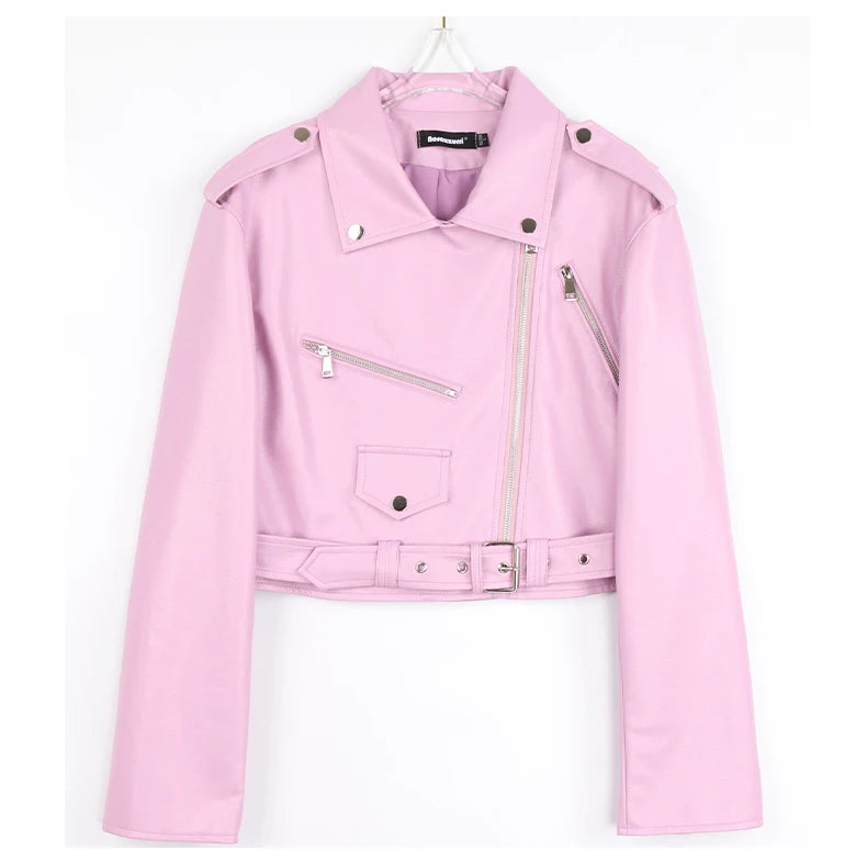 Faux Leather Short Biker Jacket with Zipper and Epaulets for Women